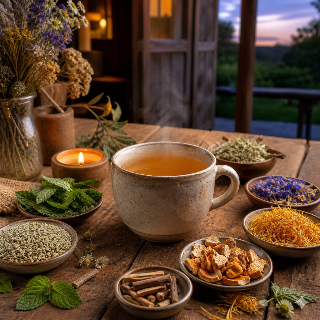 Cup of After Supper tea on a wooden table with herbs and a candle, evening setting.