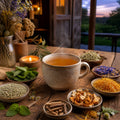 Cup of After Supper tea on a wooden table with herbs and a candle, evening setting.