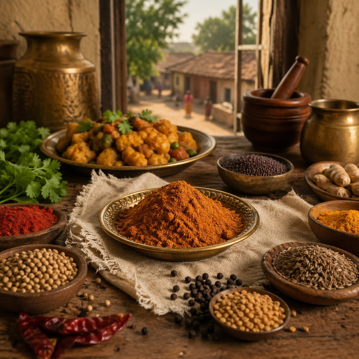 Amber Glow Masala with spices and herbs on a wooden table with an Indian  dish and a rustic background