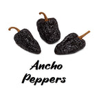 Three ancho peppers on a white background with 'Ancho Peppers' text.