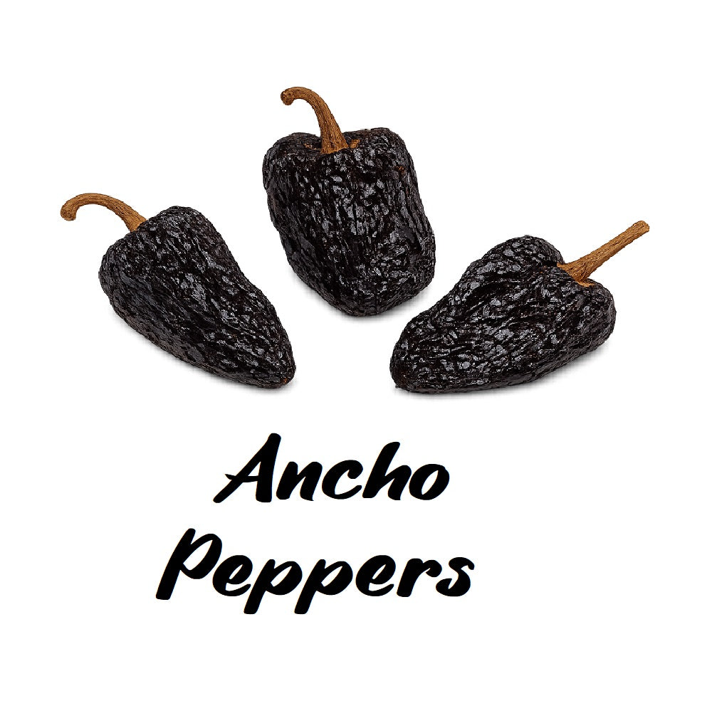 Three ancho peppers on a white background with 'Ancho Peppers' text.