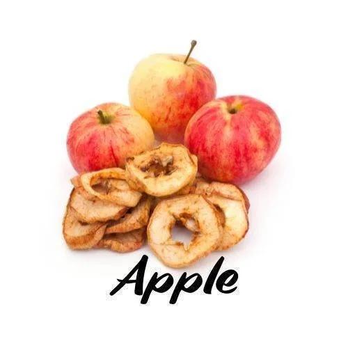 Dried apple rings with fresh apples on a white background, labeled 'Apple'.