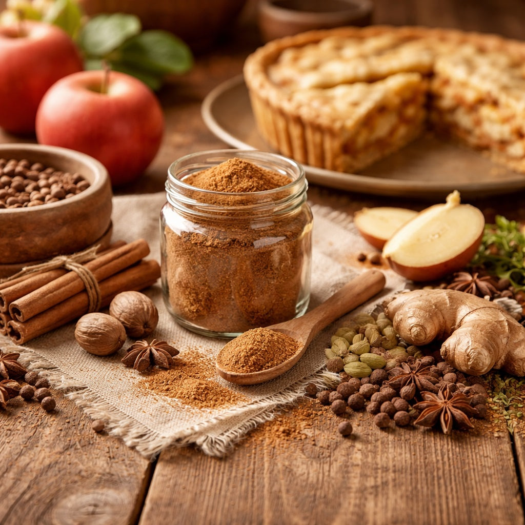 Apple Pie Spice in a jar with spics surrounding it and an apple pie on a wooden table