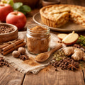 Apple Pie Spice in a jar with spics surrounding it and an apple pie on a wooden table