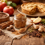 Apple Pie Spice in a jar with spics surrounding it and an apple pie on a wooden table