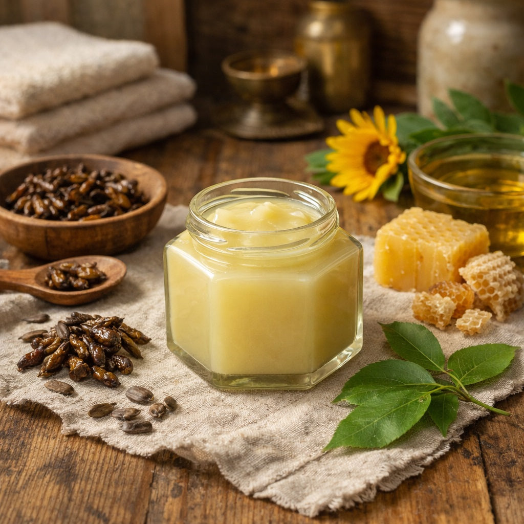 Jar with Balm Of Gilead on a wooden table with poplar buds, honeycomb and sunflower.