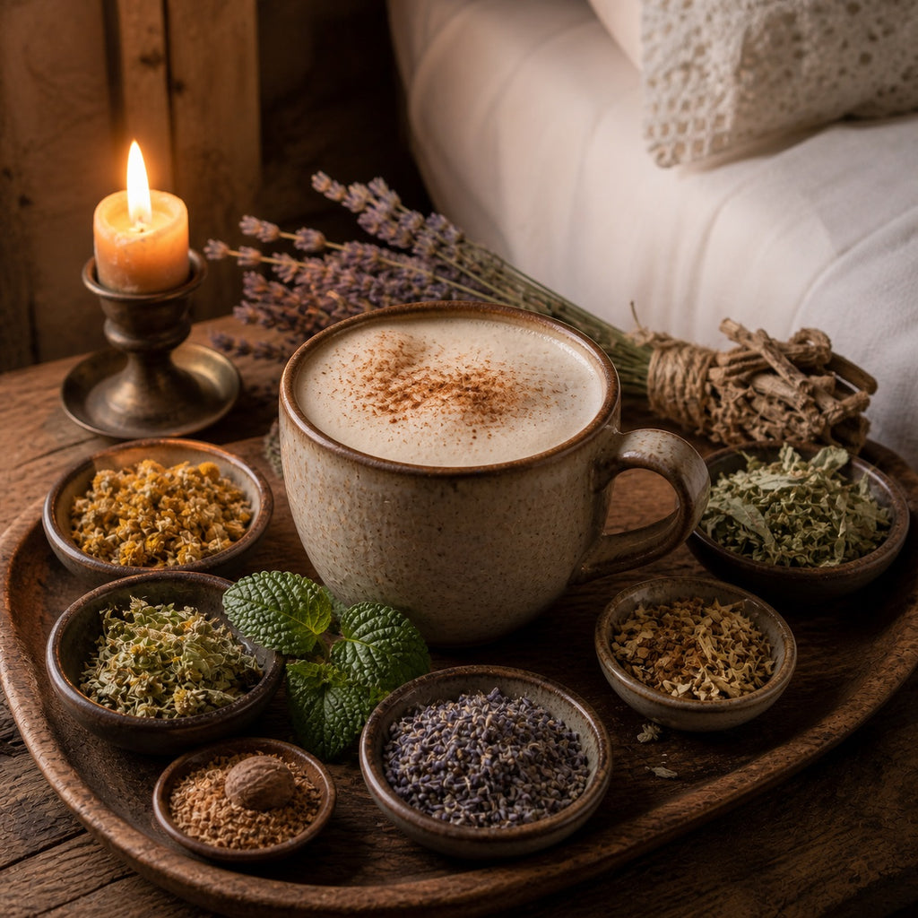 Cup of Bedtime Latte with herbs and a lit candle on a wooden tray