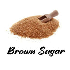Brown sugar with a wooden scoop on a white background, labeled 'Brown Sugar'.