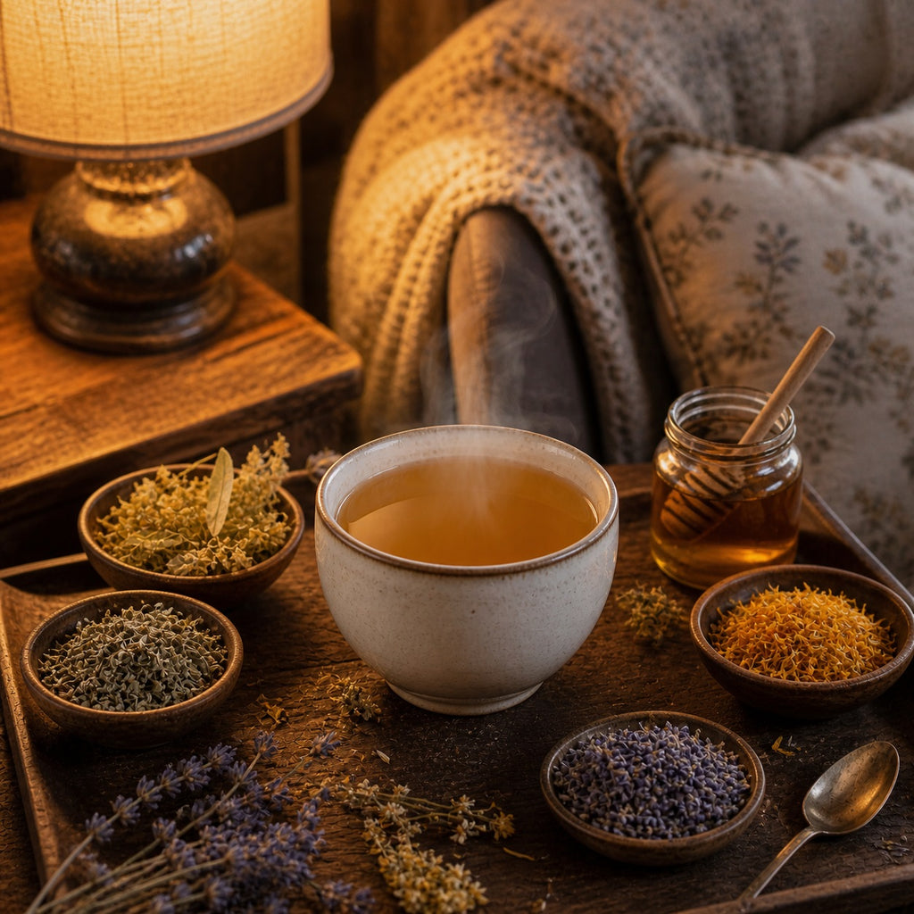 Cup of steaming Calming Linden tea with herbs and honey on a wooden table, cozy atmosphere.