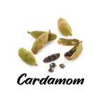 Cardamom pods on a white background with 'Cardamom' text below.