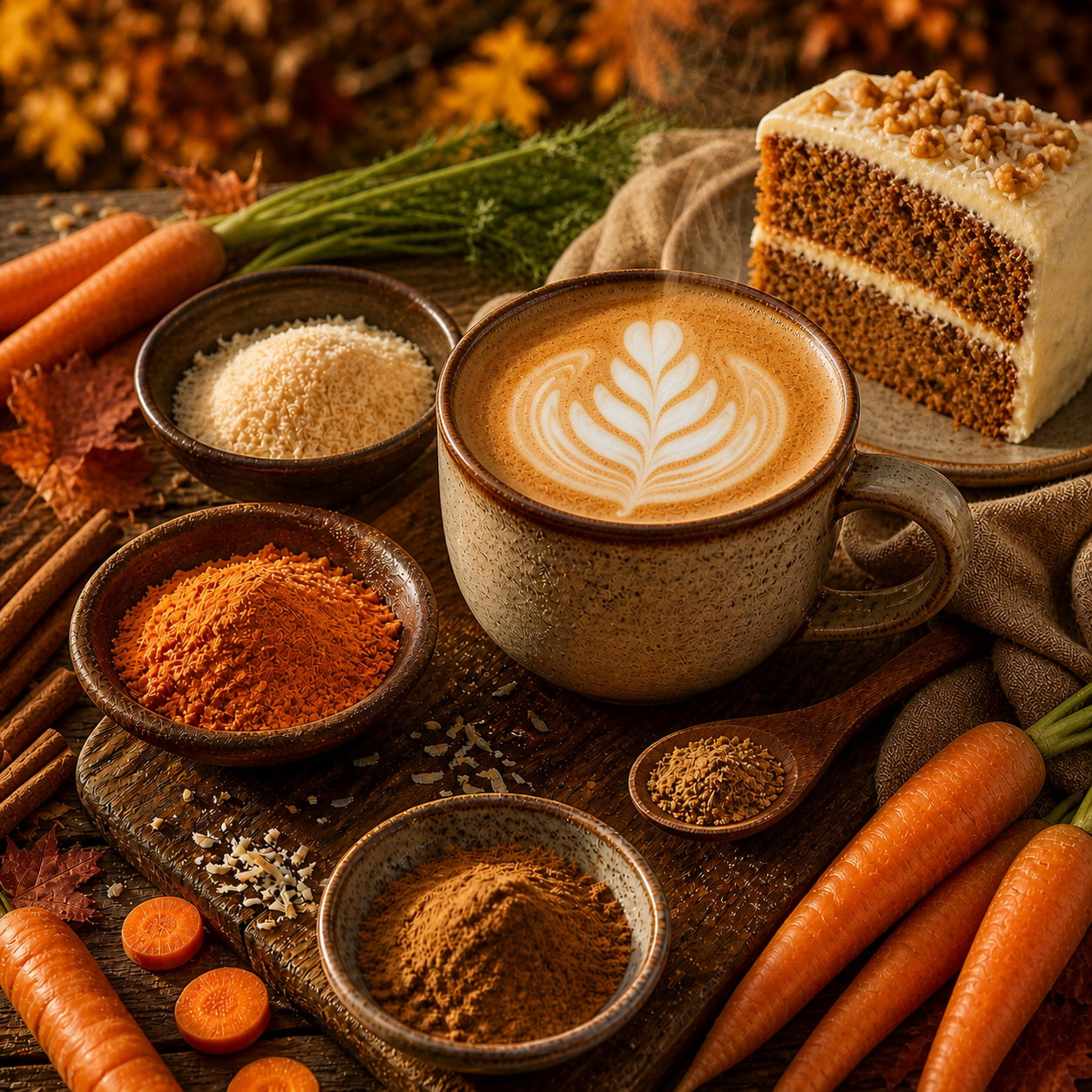 Carrot Cake Latte blend on a white leaf shaped ceramic dish on a wooden surface