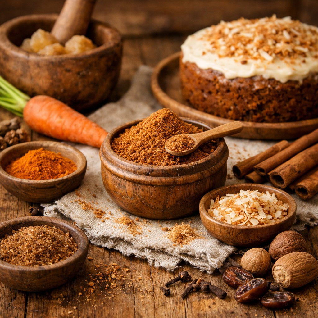Carrot Cake Spice in a wooden bowl and ingredients for a carrot cake on a wooden table