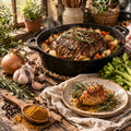 Roasted meat with vegetables in a cast iron skillet and a spoon with the Chicken & Roast Spiuce Blend on a wooden table with herbs and spices.