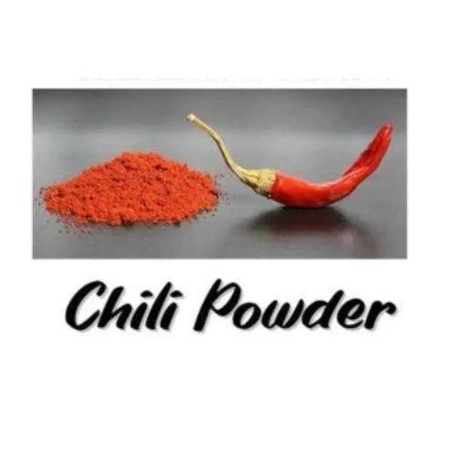 Red chili powder and a whole red chili pepper on a gray background with 'Chili Powder' text.
