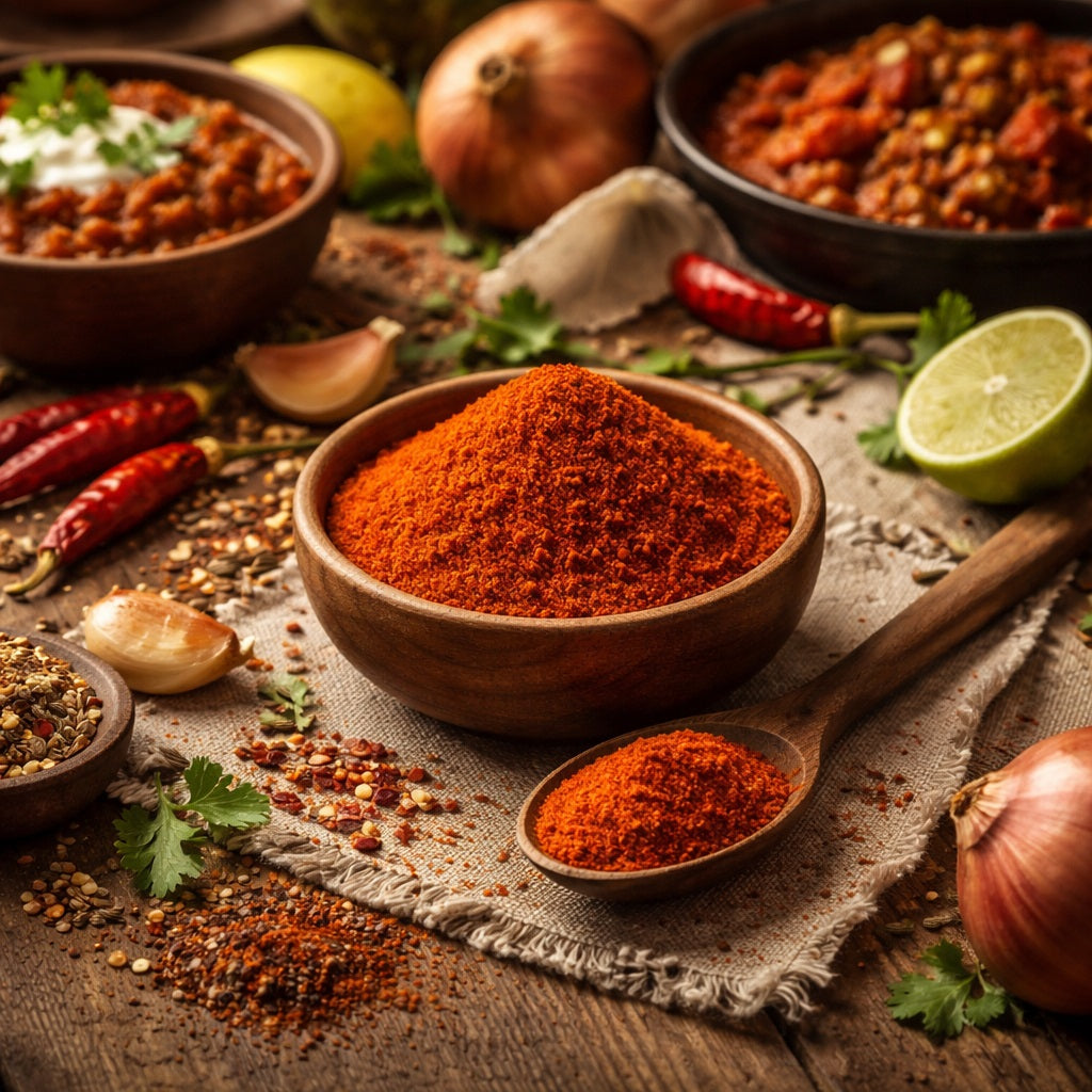 Wooden bowl of red chili powder with spices and ingredients on a rustic wooden surface
