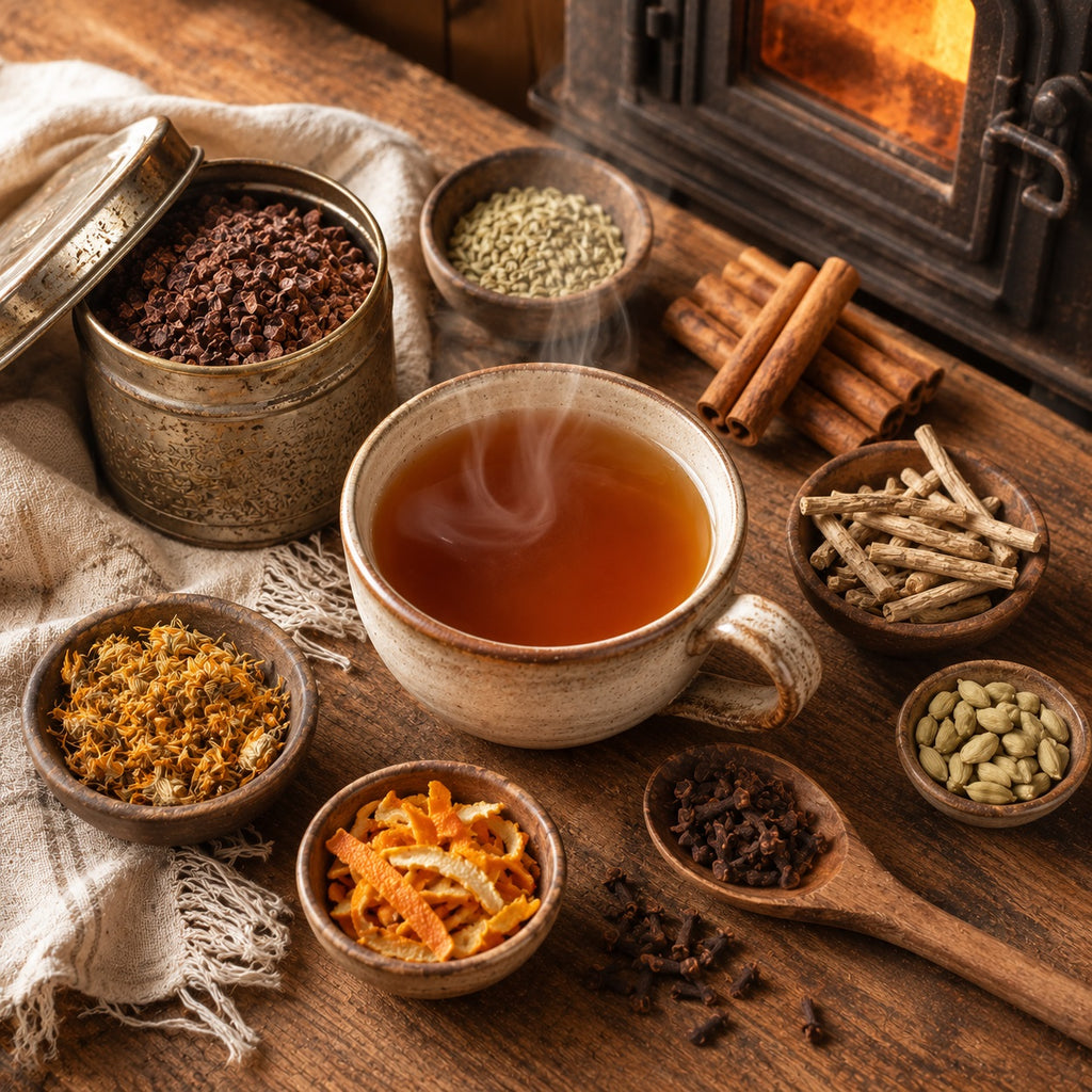 Steaming cup of Chocolate Chai surrounded by various ingredients and spices on a wooden surface with a warm glow.