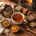 Steaming cup of Chocolate Chai surrounded by various ingredients and spices on a wooden surface with a warm glow.