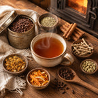 Steaming cup of Chocolate Chai surrounded by various ingredients and spices on a wooden surface with a warm glow.