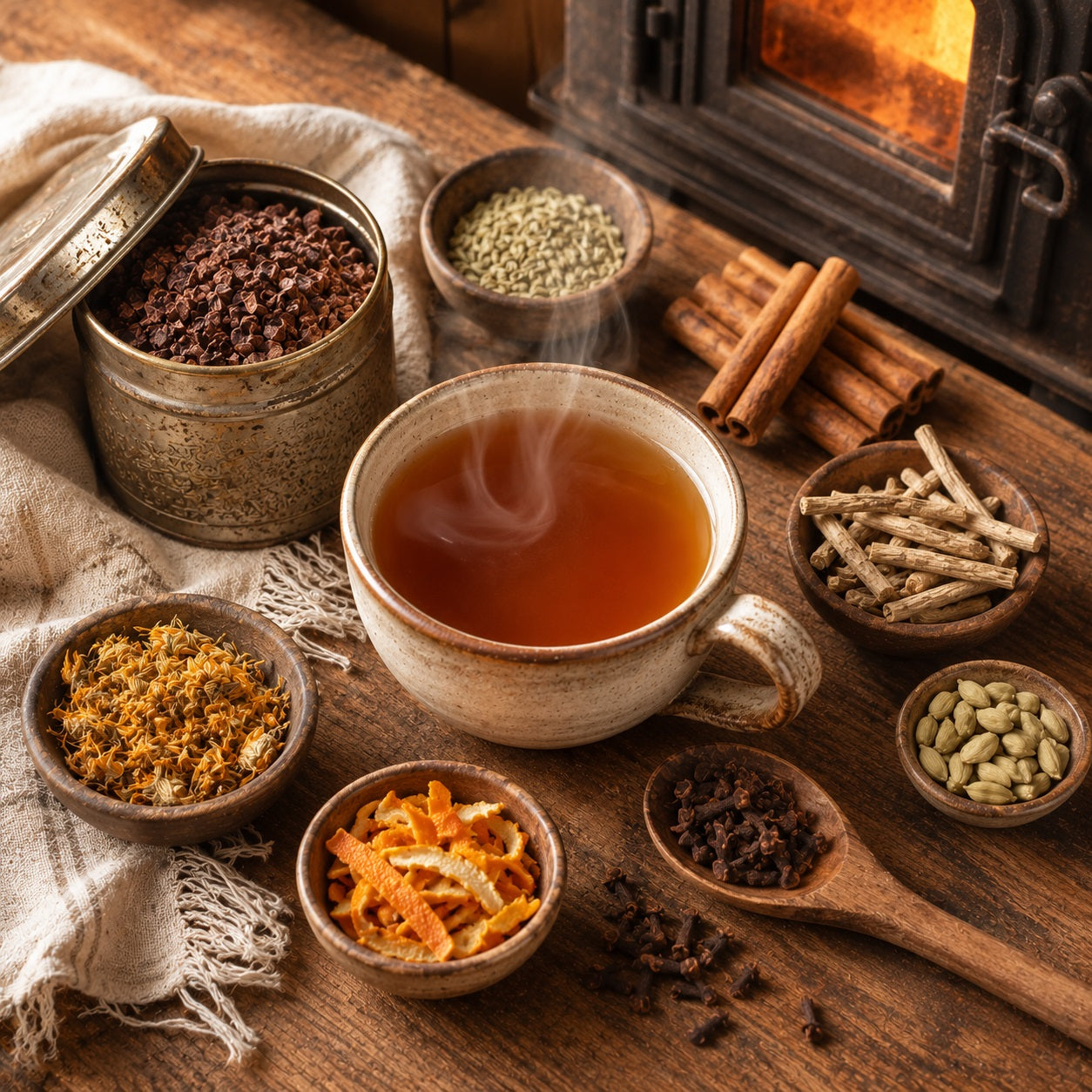 Steaming cup of Chocolate Chai surrounded by various ingredients and spices on a wooden surface with a warm glow.