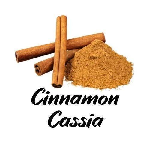 Cinnamon sticks and ground cinnamon with 'Cinnamon Cassia' text on a white background