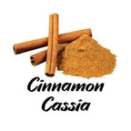 Cinnamon sticks and ground cinnamon with 'Cinnamon Cassia' text on a white background