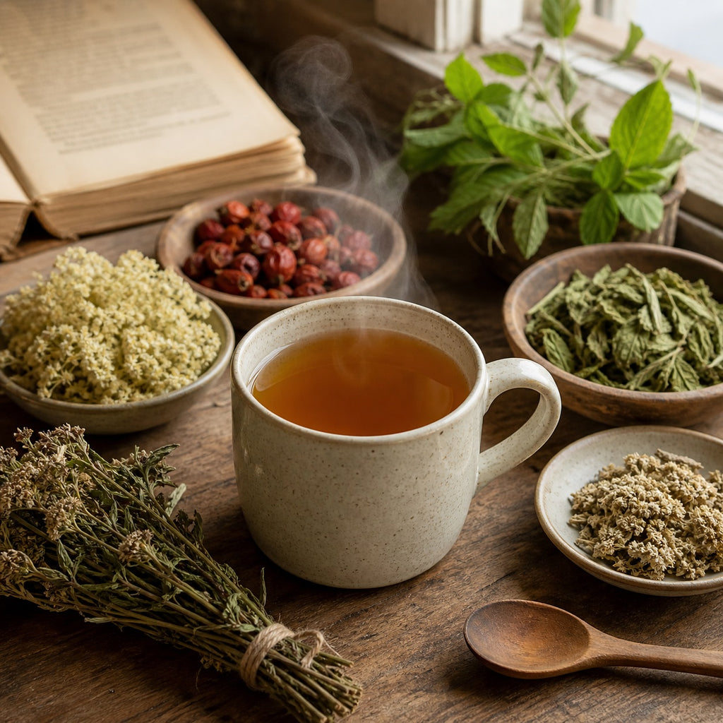 Tea cup with steaming Cold & Flu tea surrounded by bowls of dried herbs on a wooden surface.