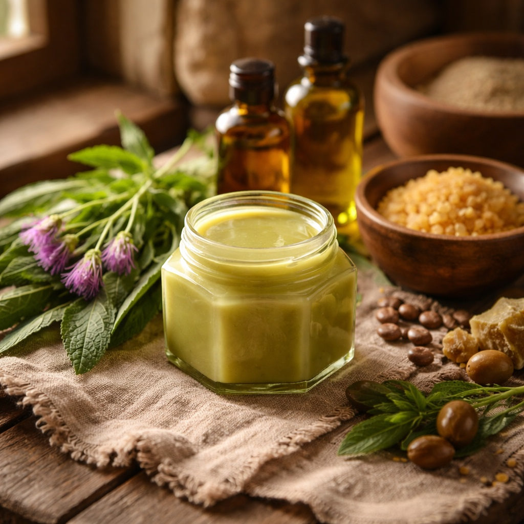 Jar of Comfrey Salve on a wooden surface with bottles, flowers, and bowls in the background