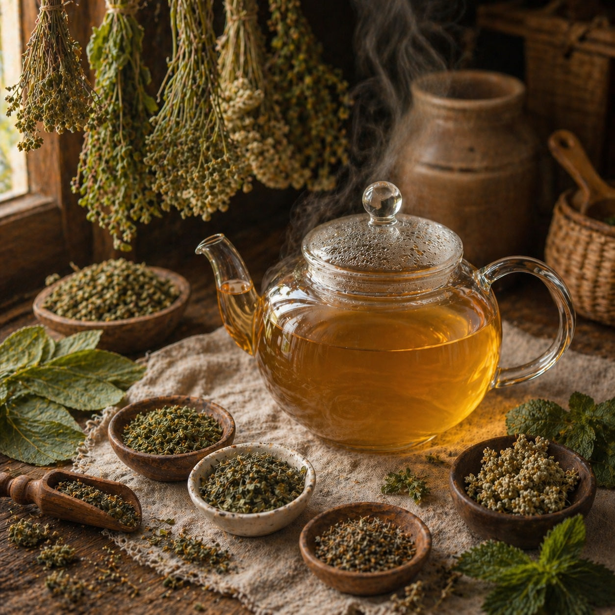 Cough Relief Tea-making setup with a glass teapot filled with tea, surrounded by dried herbs and leaves on a wooden surface.