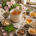 Steaming cup of Country Comfort tea on a wooden table with bowls of herbs and flowers.