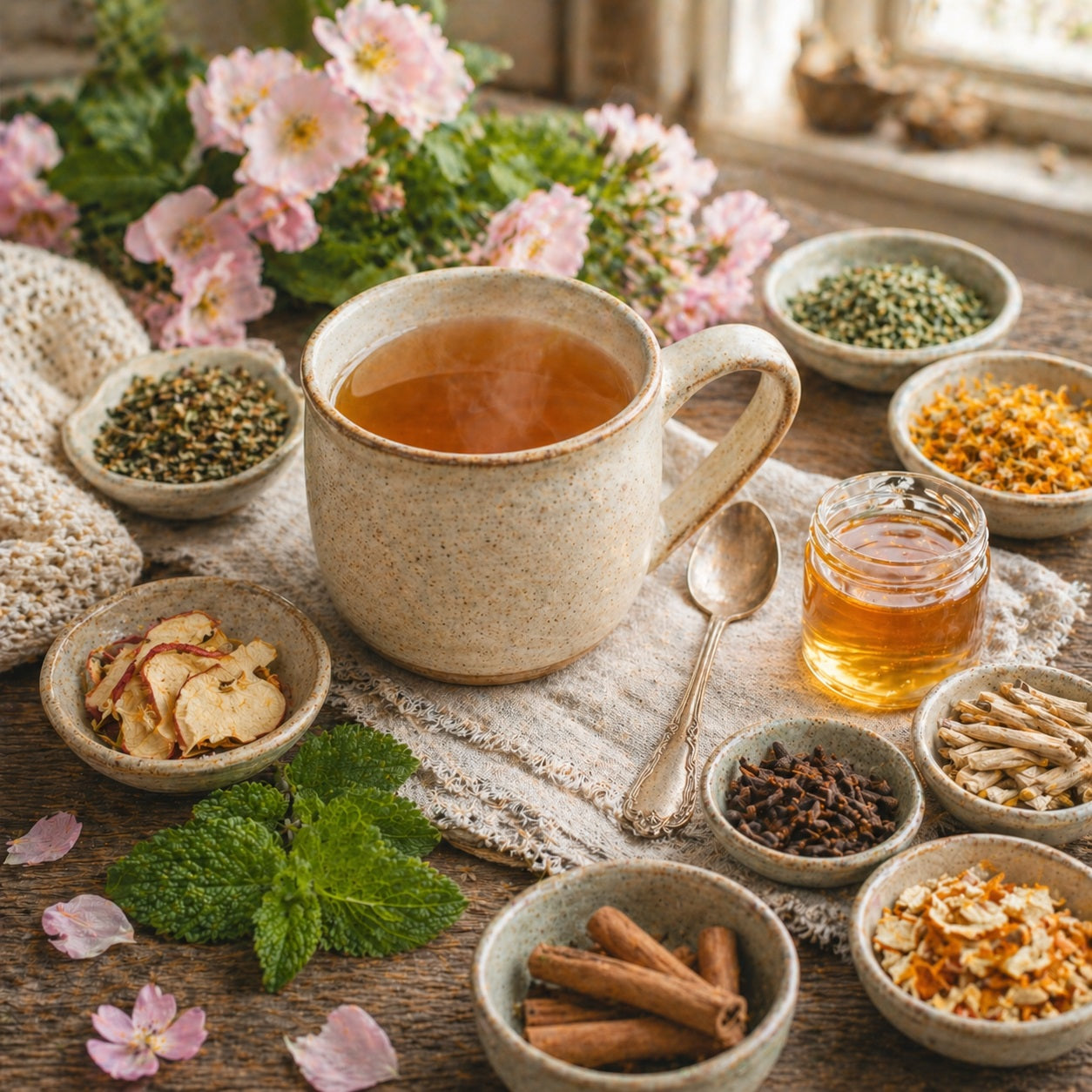 Steaming cup of Country Comfort tea on a wooden table with bowls of herbs and flowers.