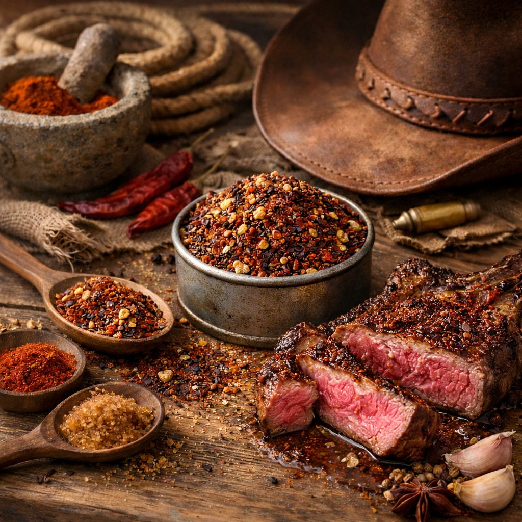 Steak with Cowboy Steak Mix spice and a Cowboy hat on a wooden surface