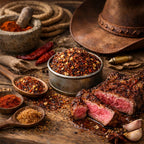 Steak with Cowboy Steak Mix spice and a Cowboy hat on a wooden surface