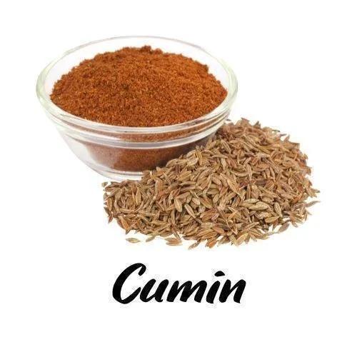 Cumin seeds and ground cumin in a glass bowl on a white background
