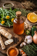 Bottle of Dandelion Fire Cider on a wooden table with various herbs and spices