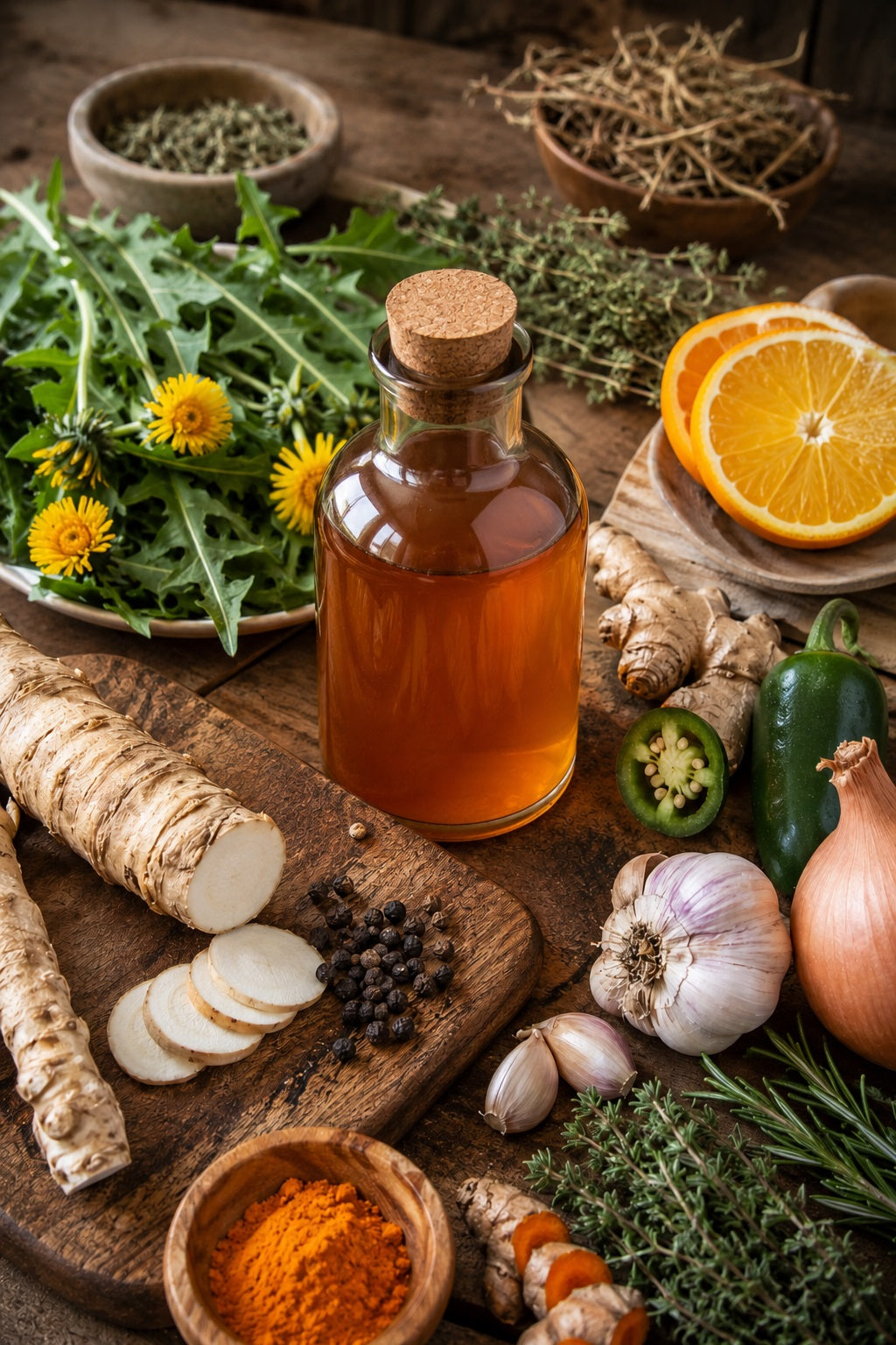 Bottle of Dandelion Fire Cider on a wooden table with various herbs and spices