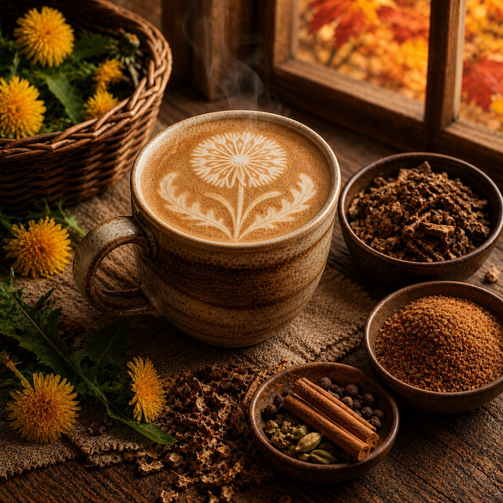 Cup of Dandelion Mocha Latte with dandelion design, surrounded by dandelion flowers and bowls of spices on a wooden surface.