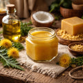 Jar of Dandelion Salve on a wooden table with natural ingredients