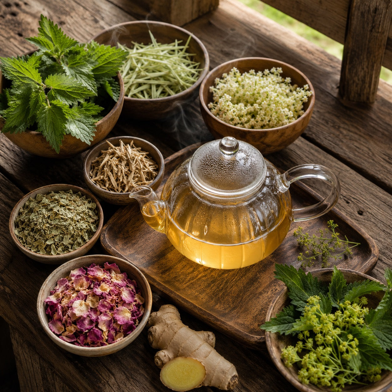 Detox & Cleanse Tea-making setup with teapot, ingredients, and a wooden surface