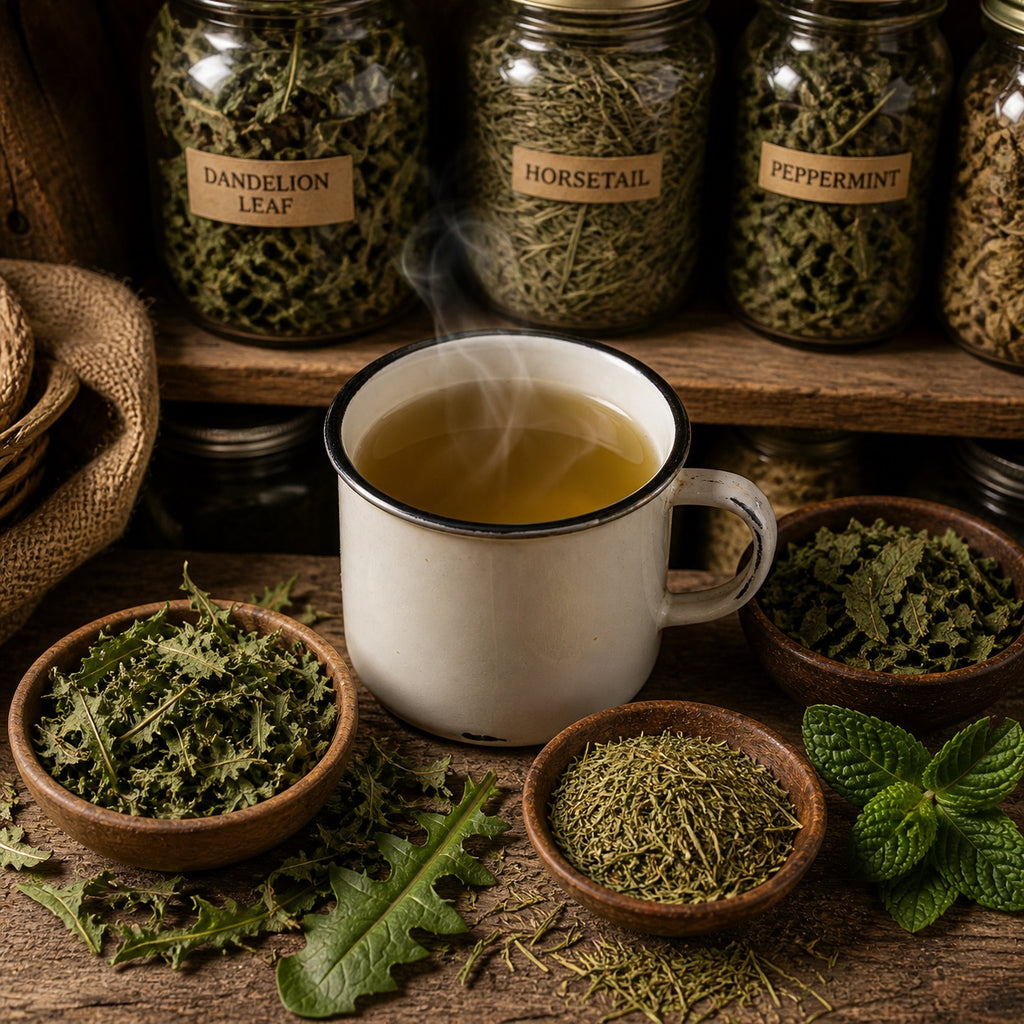 Steaming mug of Diuretic tea with dried herbs on a wooden surface and shelves.