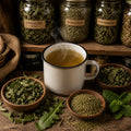 Steaming mug of Diuretic tea with dried herbs on a wooden surface and shelves.