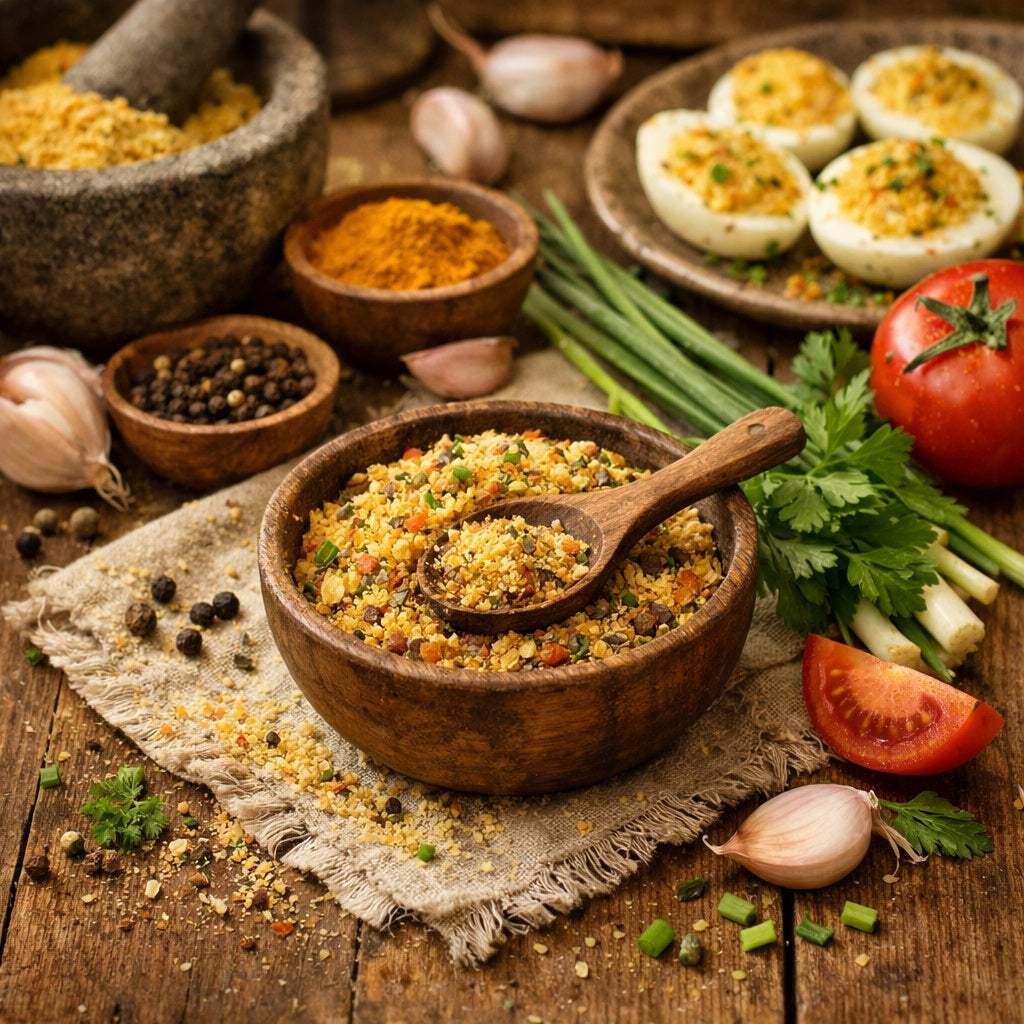 Egg Magic spice mix in a wooden bowl with a spoon, surrounded by an egg dish and vegetables on a rustic wooden surface.