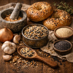 Everything Bagel Blend and bagels on a wooden table with a rustic setting