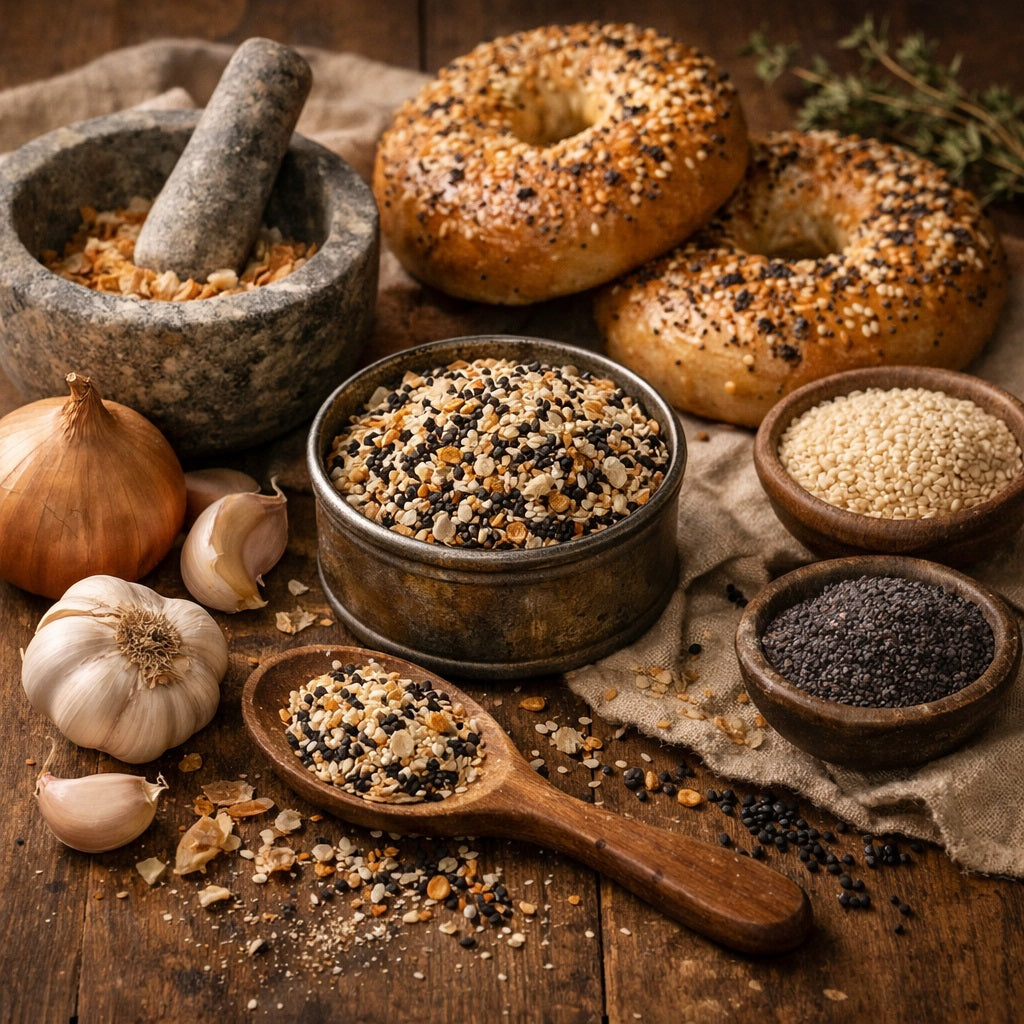 Everything Bagel Blend and bagels on a wooden table with a rustic setting
