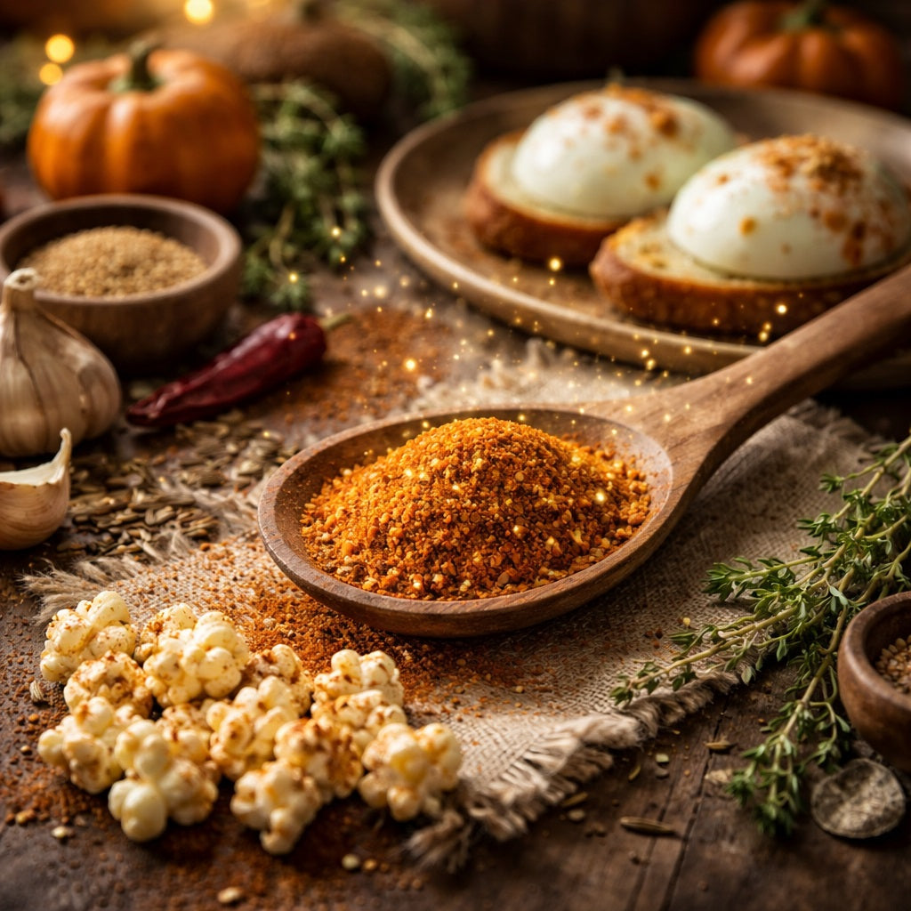 Fairy Dust spice blend with sparkles on a wooden spoon with popcorn and poached eggs and pumpkins in the background