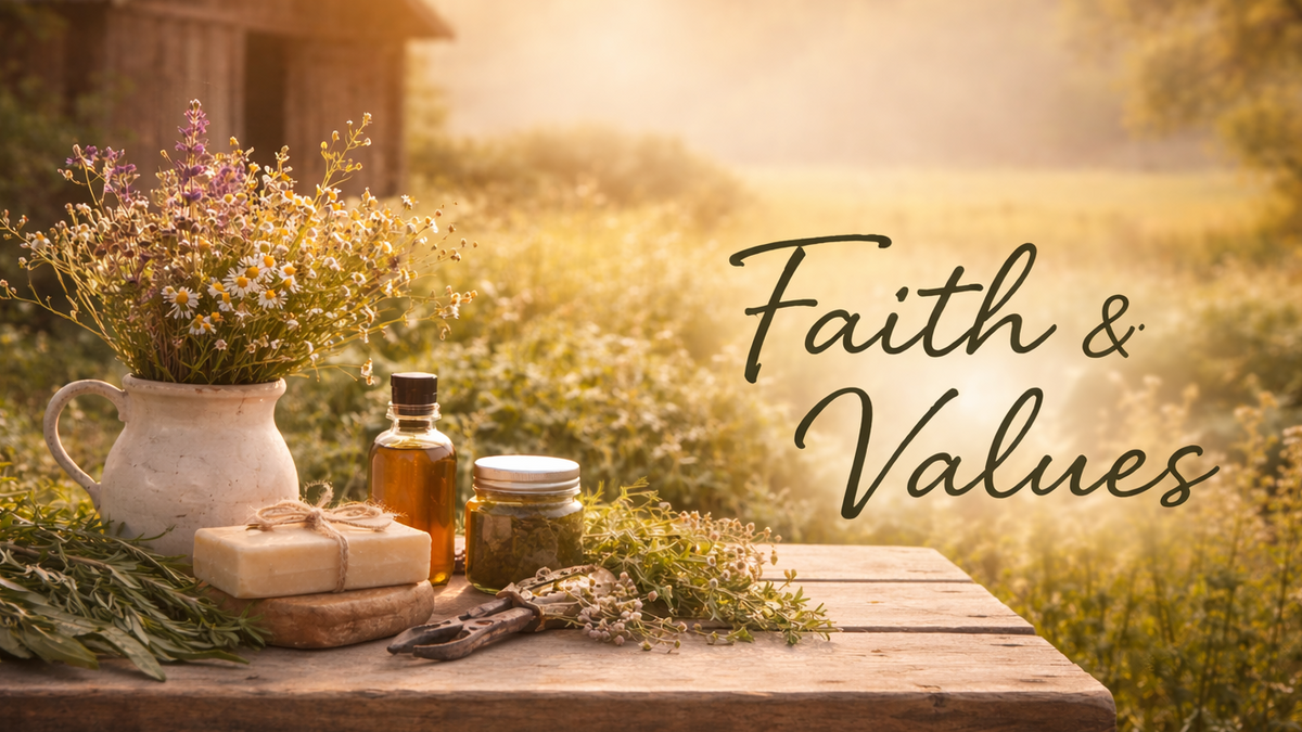 Table with natural items in a field with 'Faith & Values' text