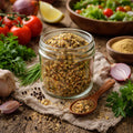 Jar of Farmhous Dressing Spice with a wooden spoon on a rustic wooden table with herbs and vegetables.