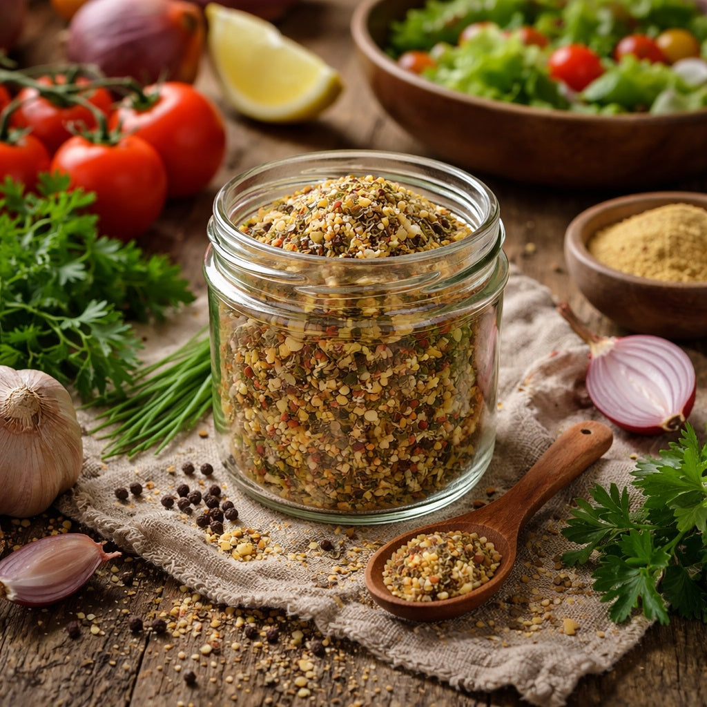Jar of Farmhous Dressing Spice with a wooden spoon on a rustic wooden table with herbs and vegetables.