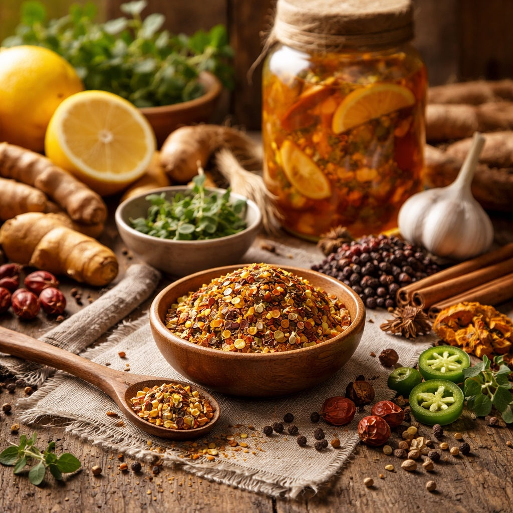Fire Cider Spice Blend with spices and herbs on a wooden surface with a jar of Fire Cider in the background on a wooden table.
