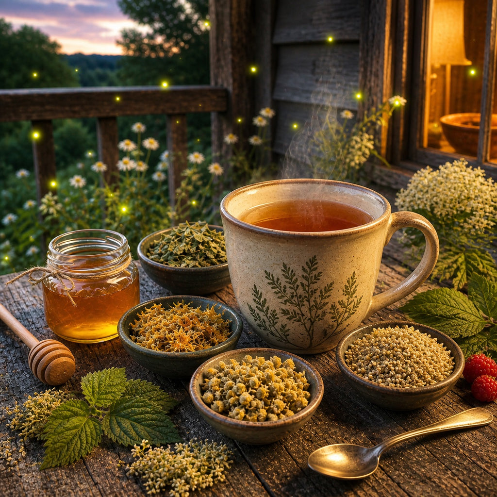 Cup of Firefly Garden tea with herbs and honey on a wooden table outdoors at sunset with Fireflies.
