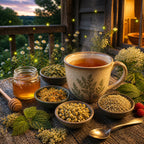 Cup of Firefly Garden tea with herbs and honey on a wooden table outdoors at sunset with Fireflies.